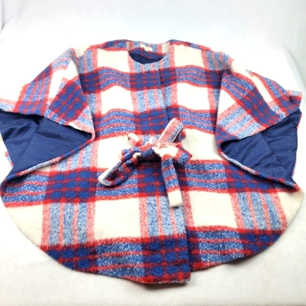 OTT wool blend plaid poncho‎ cape jacket with waist tie Size M/L